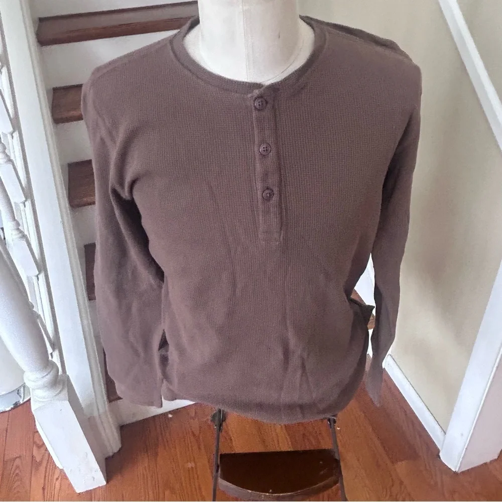 Pact Organic Cotton Thermal Henley Mens M Brown Waffle Knit Sustainable Layering - Picture 1 of 8
